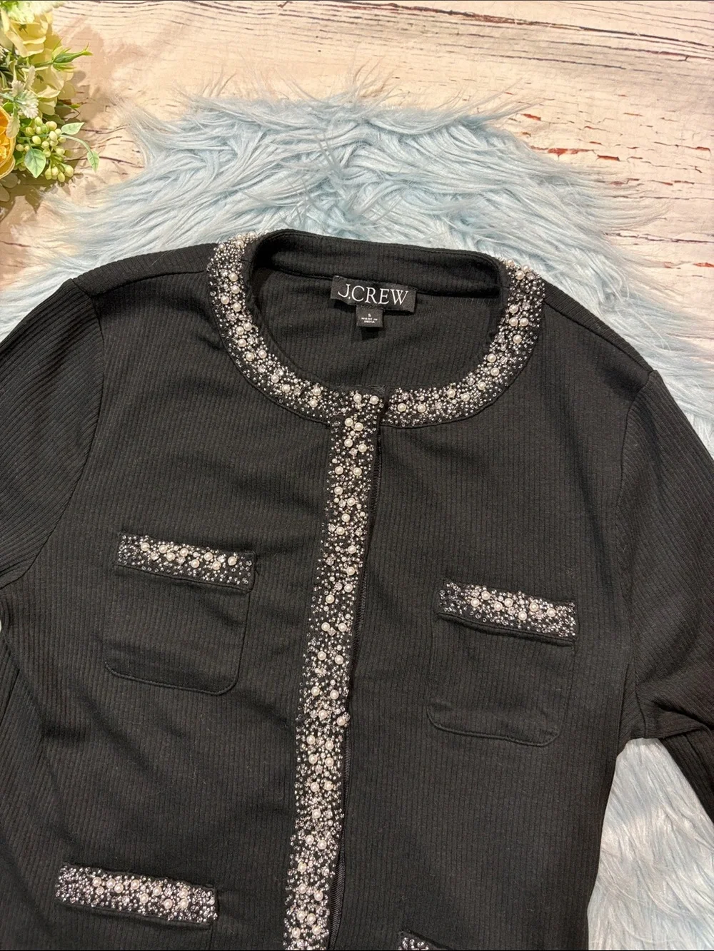 J. Crew Vintage rib lady button front jacket with jewel trim